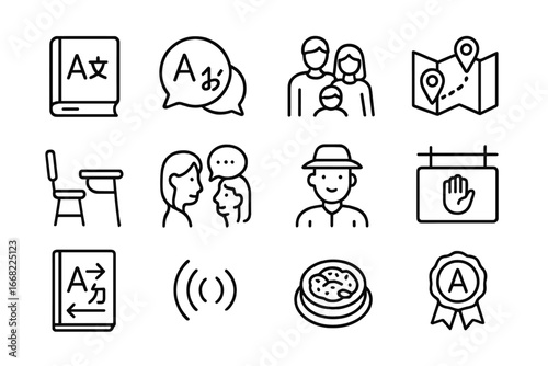 Language Icons Grid. Outline icon set of language immersion trips: dictionary, language bubble, host family,