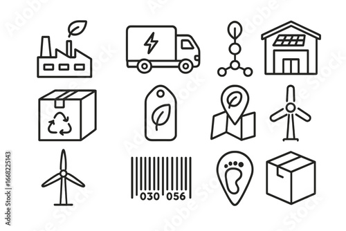 Sustainable Supply Chain Icons. Outline icon set of sustainable supply chains: green factory, electric truck,