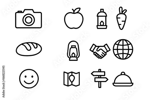 Street Market Icons. Outline icon set of documenting street markets: camera, basket, fruit, vegetable, bread,