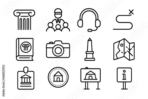 Heritage Tour Icons. Outline icon set of heritage site tours: ancient column, guided group, audio headset,