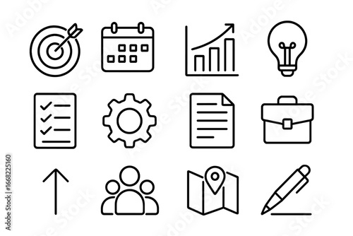 Strategic Sales Icons. Outline icon set of strategic planning in sales: target, calendar, chart, light bulb,
