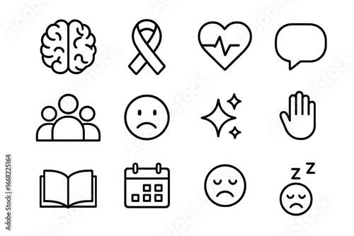 Stress Awareness Icons. Outline icon set of stress awareness: brain, awareness ribbon, heartbeat, chat bubble,