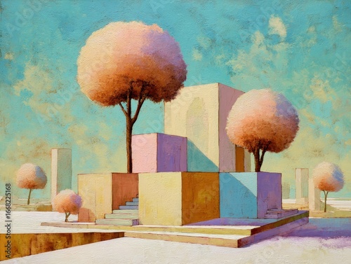 Whimsical Pastel Landscape with Cuboid Structures and Fluffy Trees
