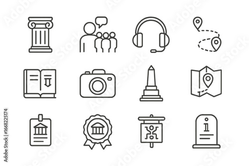 Heritage Tour Icons. Outline icon set of heritage site tours: ancient column, guided group, audio headset,