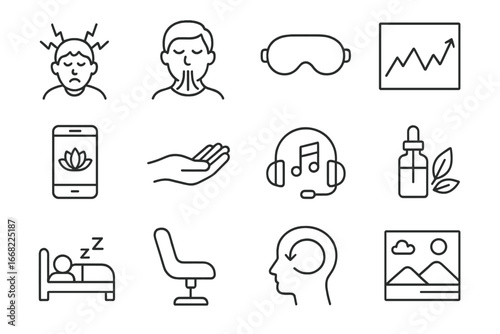 Stress Management Icons. Outline icon set of stress management: tension head, deep breath, sleep mask, stress