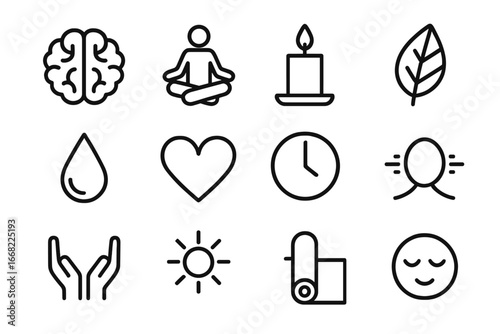 Stress Management Icons. Outline icon set of stress management: brain, lotus pose, candle, leaf, water droplet
