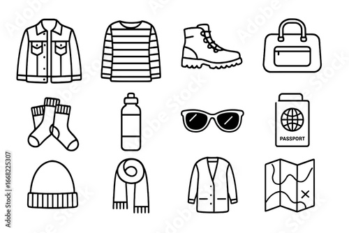 Stylish Getaway Essentials. Outline icon set of stylish weekend getaway outfit: denim jacket, striped shirt,