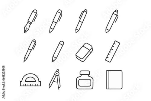 Student Writing Tools. Outline icon set of student writing tools: fountain pen, ballpoint pen, rollerball pen,