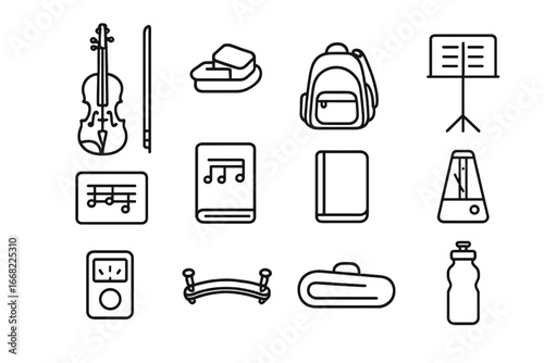 Student Violinist Essentials. Outline icon set of student violinist tools: violin, bow, rosin, music stand,