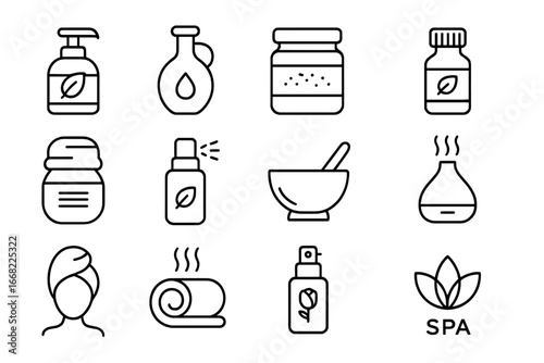 Spa Treatment Icons. Outline icon set of spa treatment shelf: herbal shampoo, massage oil, bath salt jar,