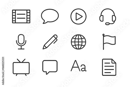 Subtitle Icon Set. Outline icon set of subtitles and captions: film strip, speech bubble, play button, headset