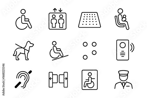 Subway Accessibility Icons. Outline icon set of subway accessibility: wheelchair symbol, elevator, tactile