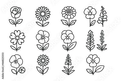Garden Flower Icons. Outline icon set of garden flowers: roses, daisies, marigolds, zinnias, cosmos, petunias,