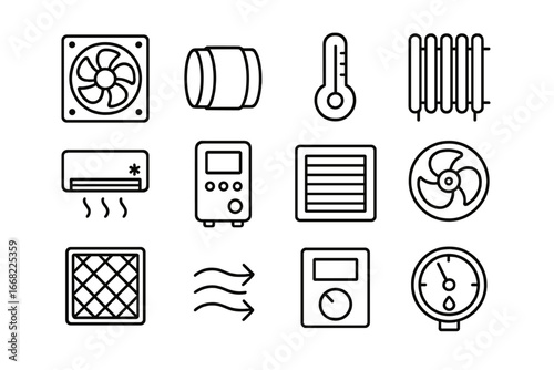 Subway Ventilation Icons. Outline icon set of subway ventilation and climate: ventilation fan, air duct,
