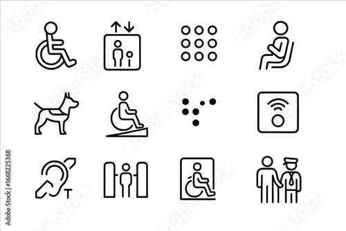 Subway Accessibility Icons. Outline icon set of subway accessibility: wheelchair symbol, elevator, tactile