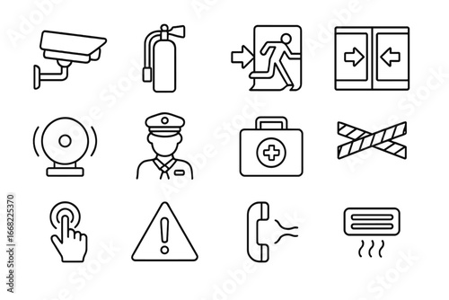 Subway Safety Icons. Outline icon set of subway safety features: CCTV camera, fire extinguisher, emergency