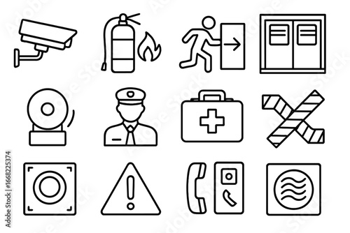 Subway Safety Icons. Outline icon set of subway safety features: CCTV camera, fire extinguisher, emergency
