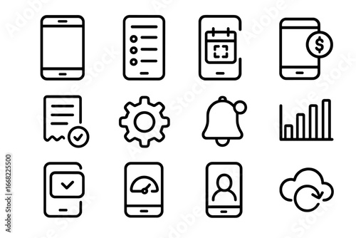 Mobile Subscription Icons. Outline icon set of mobile subscription tracking: smartphone, app list, calendar