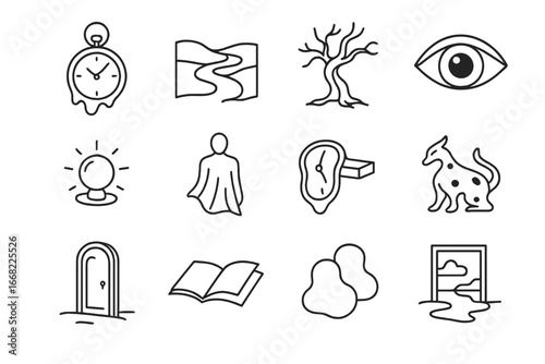Surreal Icon Set. Outline icon set of surrealistic campaign elements: floating clocks, warped landscapes,