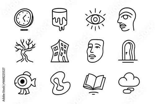 Surreal Icon Collection. Outline icon set of imaginative branding icons: floating clocks, melting objects,