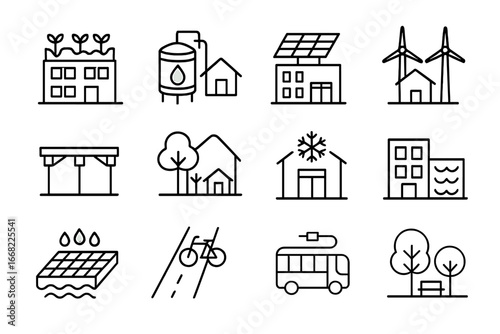 Sustainable City Icons. Outline icon set of cities mitigating extreme weather impacts: green rooftops,