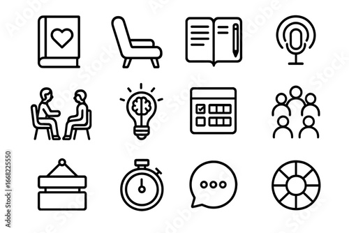 Relationship Growth Icons. Outline icon set of relationship growth tools: self-help book, therapy chair,