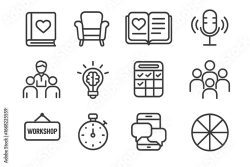 Relationship Growth Icons. Outline icon set of relationship growth tools: self-help book, therapy chair,