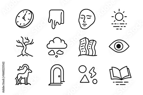 Surreal Icon Collection. Outline icon set of abstract campaign imagery: floating clocks, melting objects,