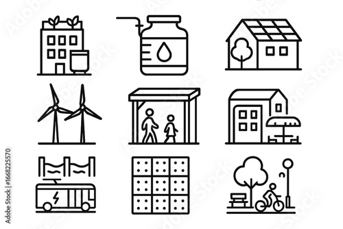 Sustainable City Icons. Outline icon set of cities mitigating extreme weather impacts: green rooftops,