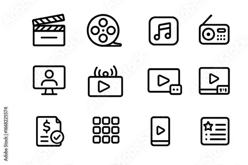 Streaming Icon Set. Outline icon set of streaming platform subscriptions: movie clapper, film reel, music