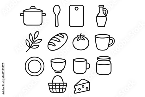 Sustainable Cooking Icons. Outline icon set of sustainable cooking: pot, wooden spoon, cutting board, olive