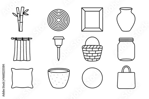 Sustainable Décor Icons. Outline icon set of sustainable home décor: bamboo vase, jute rug, recycled wood