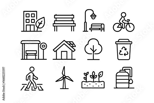 Sustainable City Icons. Outline icon set of sustainable city planning lessons: green building, park bench,