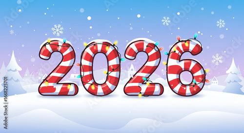 Red and white striped 2026 numbers with lights in winter landscape  