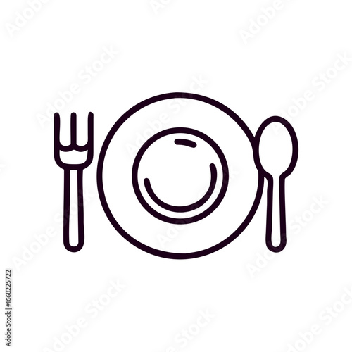 Plate with fork and spoon in minimalist design on white background  