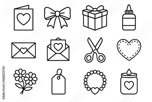 Valentine's Craft Icons. Outline icon set of Valentine’s Day DIY crafts and gift ideas: heart card, ribbon bow