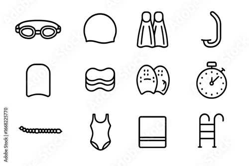 Swim Gear Icons. Outline icon set of swim training gear: goggles, swim cap, fins, snorkel, kickboard, pull