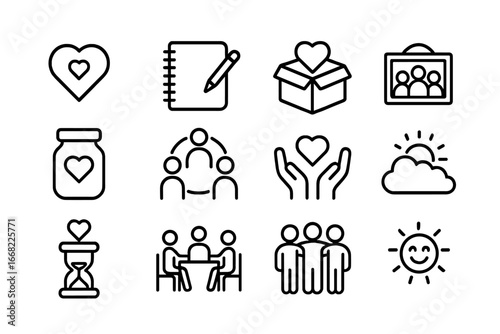 Family Gratitude Icons. Outline icon set of gratitude practice in families: thankful heart, gratitude journal,