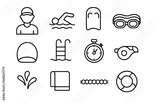 Swimming Lesson Icons. Outline icon set of swimming lessons: instructor, swimmer, kickboard, goggles, swim cap