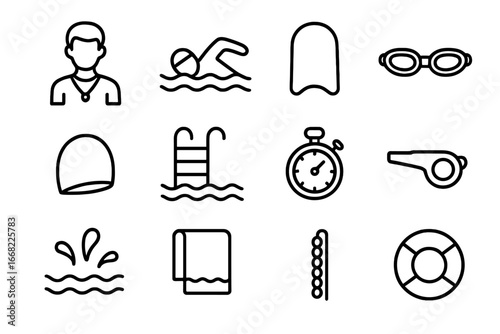 Swimming Lesson Icons. Outline icon set of swimming lessons: instructor, swimmer, kickboard, goggles, swim cap