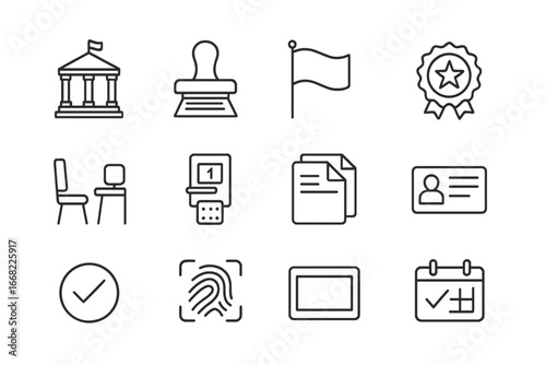 Embassy Visa Icon Set. Outline icon set of embassy and visa icons: building icon, document stamp, embassy flag