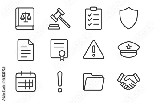Tachograph Regulation Icons. Outline icon set of tachograph regulations: law book, gavel, checklist, shield,