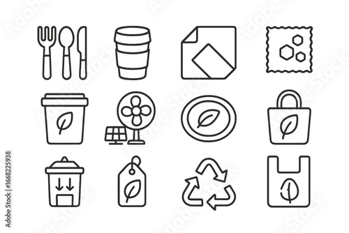 Eco Picnic Icons Set. Outline icon set of eco-friendly picnic: bamboo cutlery, reusable cup, cloth napkin,