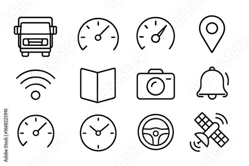 Tachograph Icons Set. Outline icon set of tachograph vehicle monitoring: truck front, speedometer, fuel gauge,