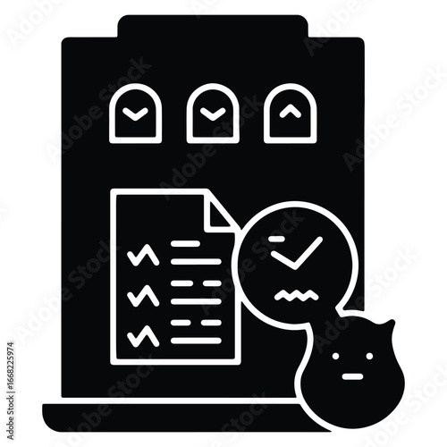 Black and White Icon of a Building with Checklist and Speech Bubble Representing Inspection and Approval Process