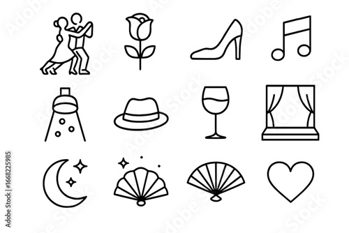 Tango Icon Tableau. Outline icon set of tango dance: tango couple, rose, high heels, music note, spotlight,