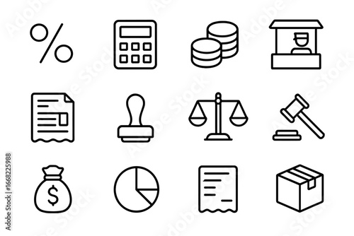 Tariffs and Duties Icons. Outline icon set of tariffs and duties: percentage symbol, calculator, coins,