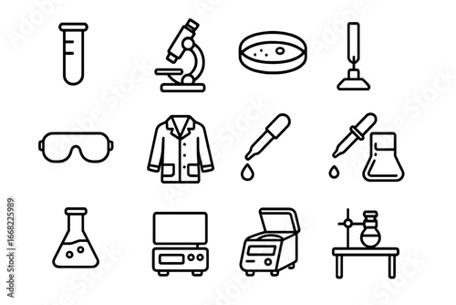 Scientific Icon Set. Outline icon set of scientific experiments: test tube, microscope, petri dish, Bunsen