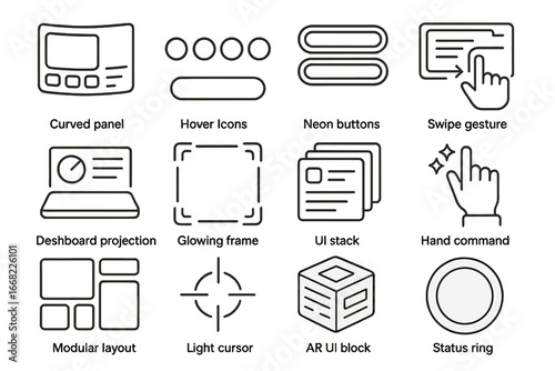 Futuristic UI Icon Set. Outline icon set of futuristic user interfaces: curved panel, hover icons, neon