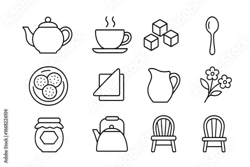 Tea Time Icons. Outline icon set of tea time: teapot, tea cup, saucer, sugar cubes, spoon, biscuit plate,
